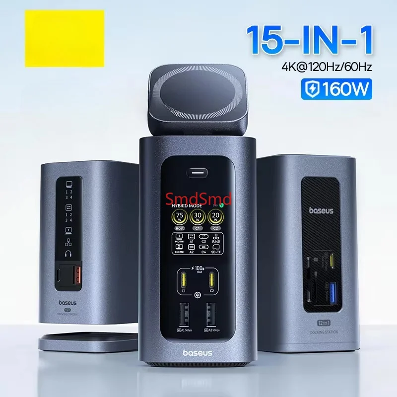 160W 15-in-1 USB C HUB to 2 HDMI 4K@120Hz 60Hz with Qi2.2 25W Wireless Charger 180W GaN EU US Adapter Docking Station Hub