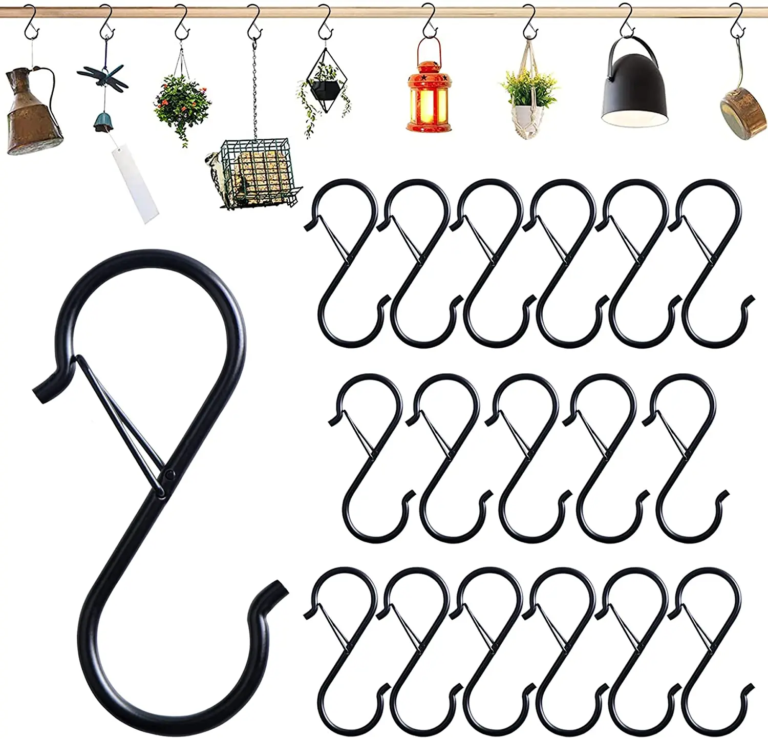 

Hanging Heavy Duty S Hooks with Safety Buckle Design for Plants Lights Clothes Hat Mug Towel Cups Spatula Can Opener Scissor