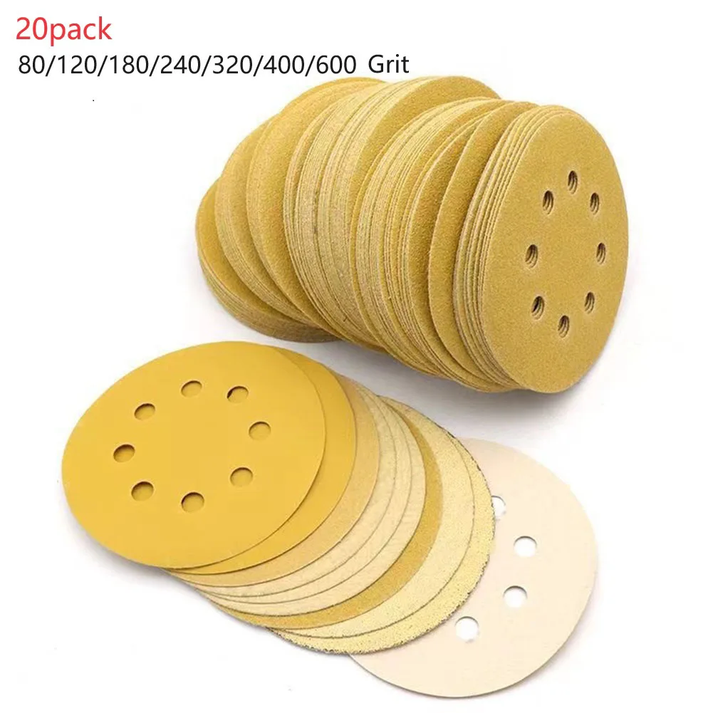 

20PCS Yellow Sandpaper With 8 Holes Hook-Loop Sandpaper 125mm 5Inch Sanding Disc Abrasive Tool Parts