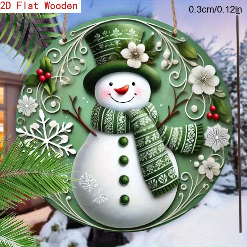 2D Flat - A 2D Flat Wooden Sign of a Christmas Snowman for The Holiday - This Flat Decoration Features a Green Hat, Scarf, And C