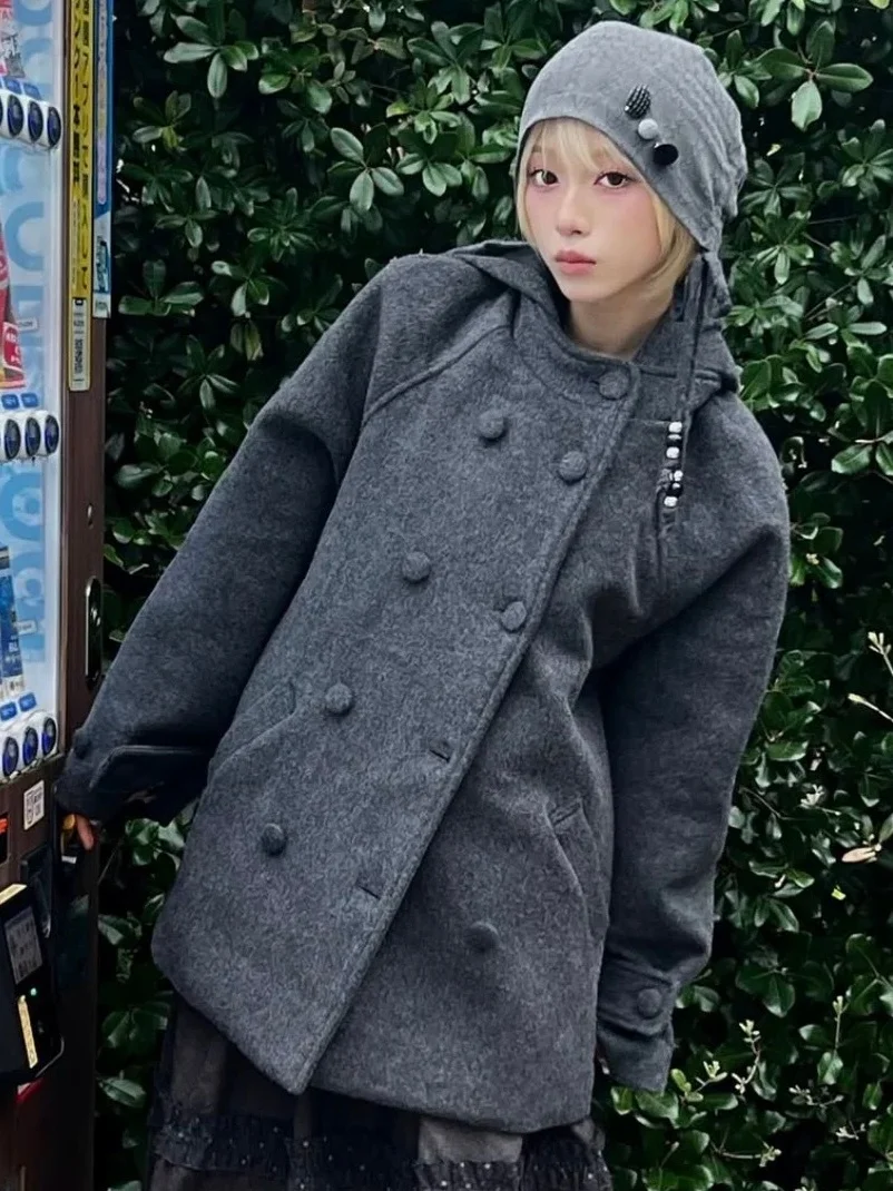 

Retro Japanese Sle College Windbreaker Women's Coat Double Row Buttoned Woolen Coat with Hat Medium Length Outerwear