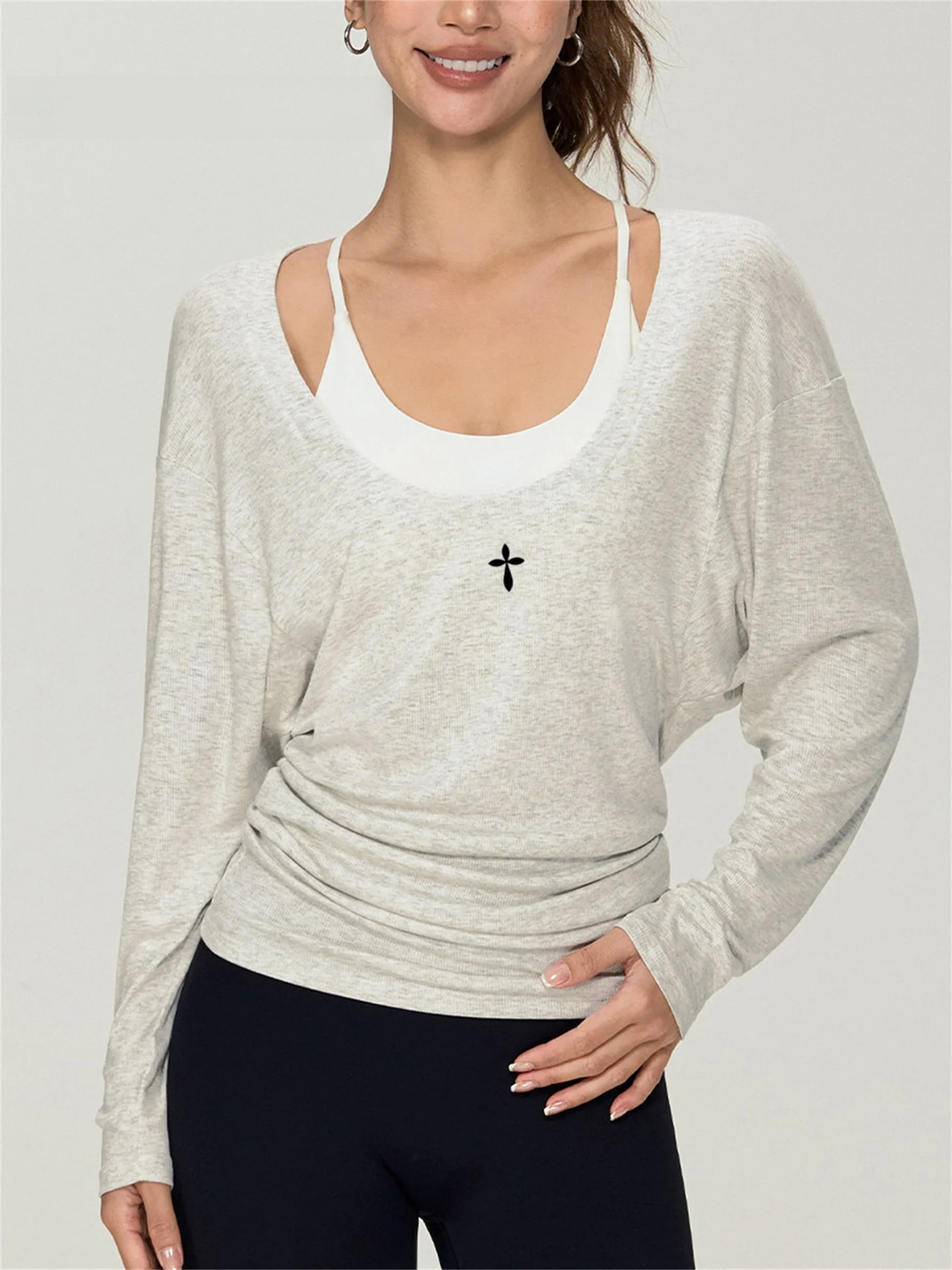 

VINTI ANS Women's Batwing Sve Sports Top Fitn Yoga Pilates Loose Fit Spring New Sle U-Ne Long Sve T-irt