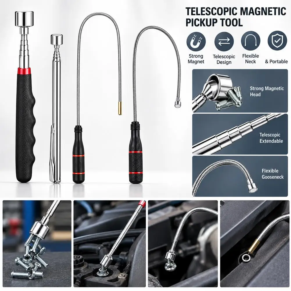 Telescopic LED Magnetic Pickup Tool Flexible Gooseneck Inspection Mirror Extendable Screw Nut Grabber Tool Gifts For Men