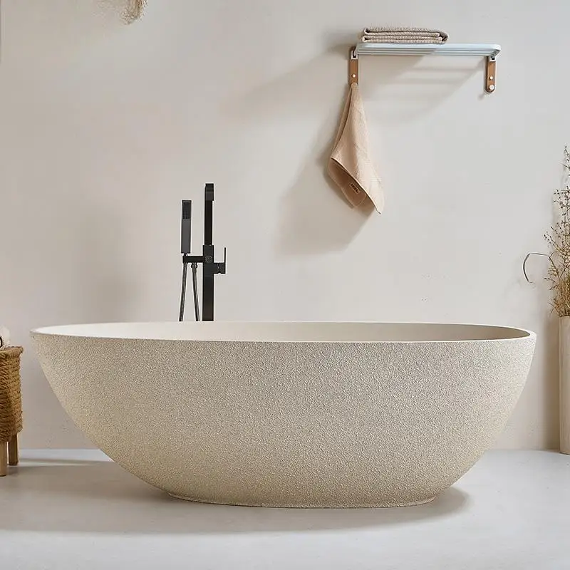 "Japanese Wabi Sabi Cream Egg-shaped Bathtub - Freestanding Designer Stone Tub for Luxury Hotel & Minimalist Villa" - Image 2