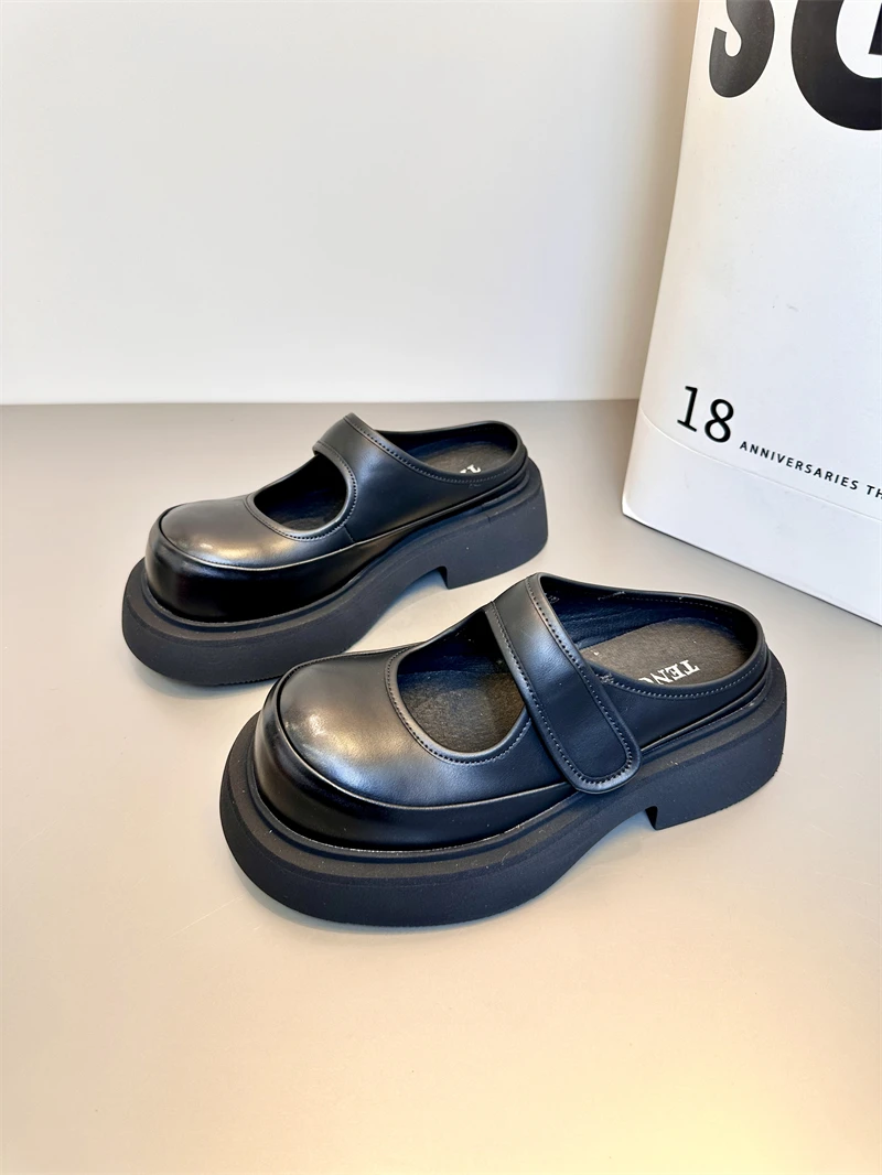 

Women's Baotoe Half Slippers 2025 Spring Summer New Height Increased Hook&loop Shallow Mary Jane Shoes Thick Soled Single Shoes