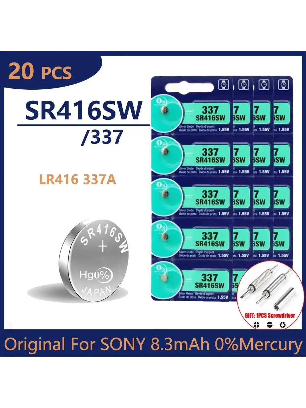 SONY-Batterie à l'oxyde d'argent d'origine, pile bouton sr416sw, 337 V, mini écouteur sans fil, montre, 1.55, 20 pièces