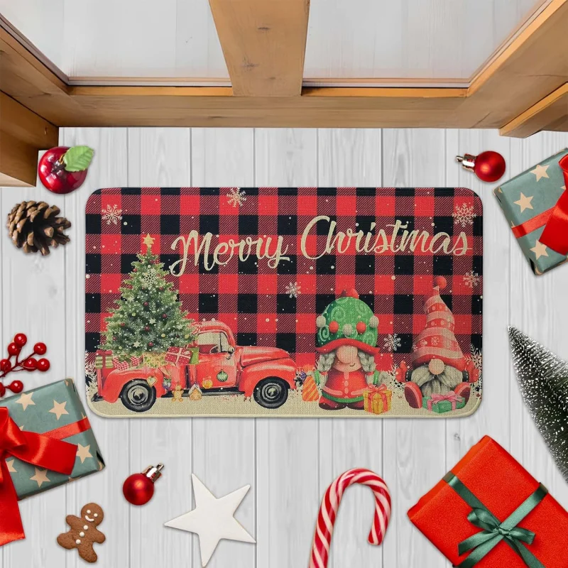 

Red Buffalo Plaid Merry Christmas Doormat Xmas Decorative Doot Mat, Seasonal Xmas Gnome Door Mat Non-Slip Washable