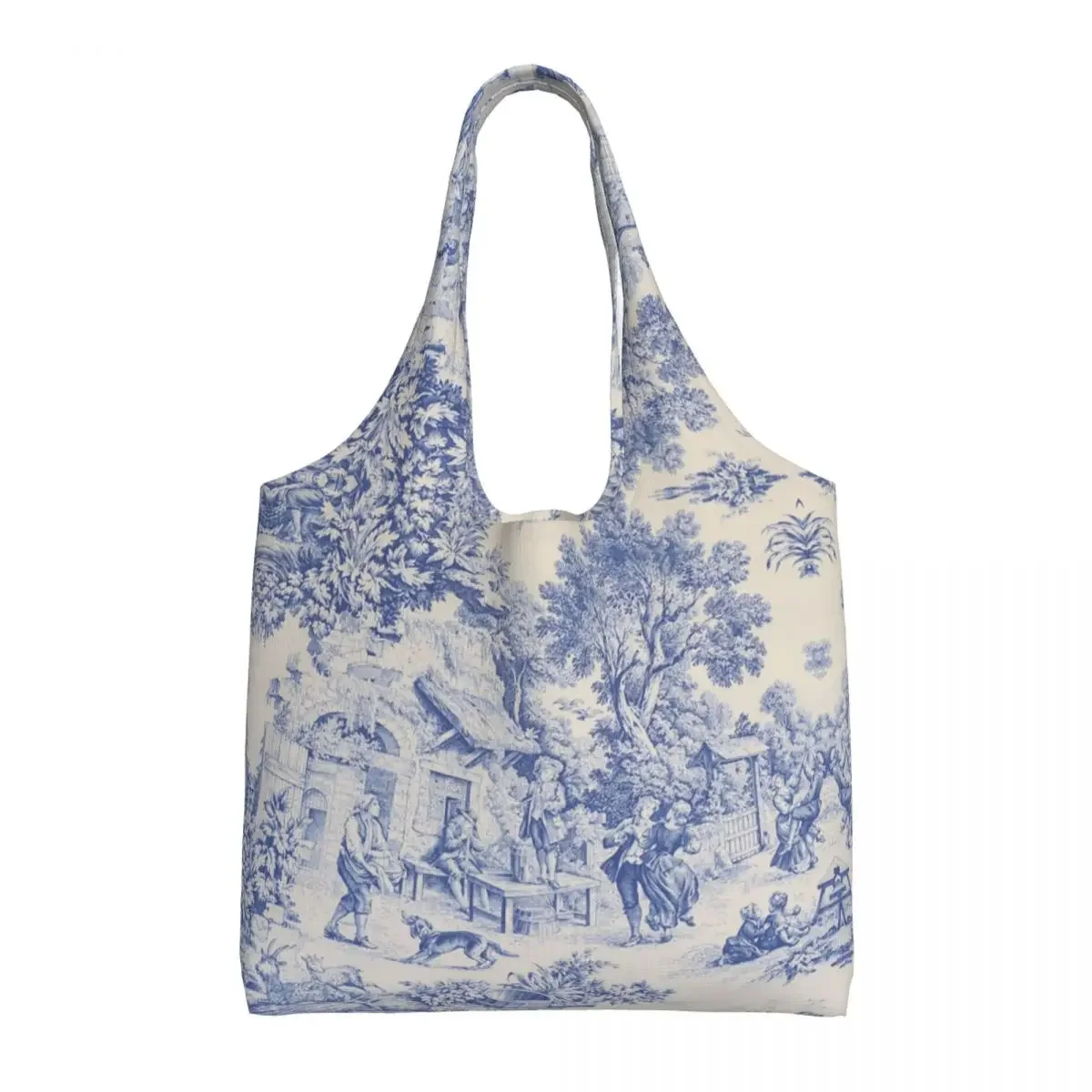 

Reusable French Toile De Jouy Navy Blue Motif Pattern Shopping Bag Women Shoulder Canvas Tote Bag Portable Grocery Shopper Bags