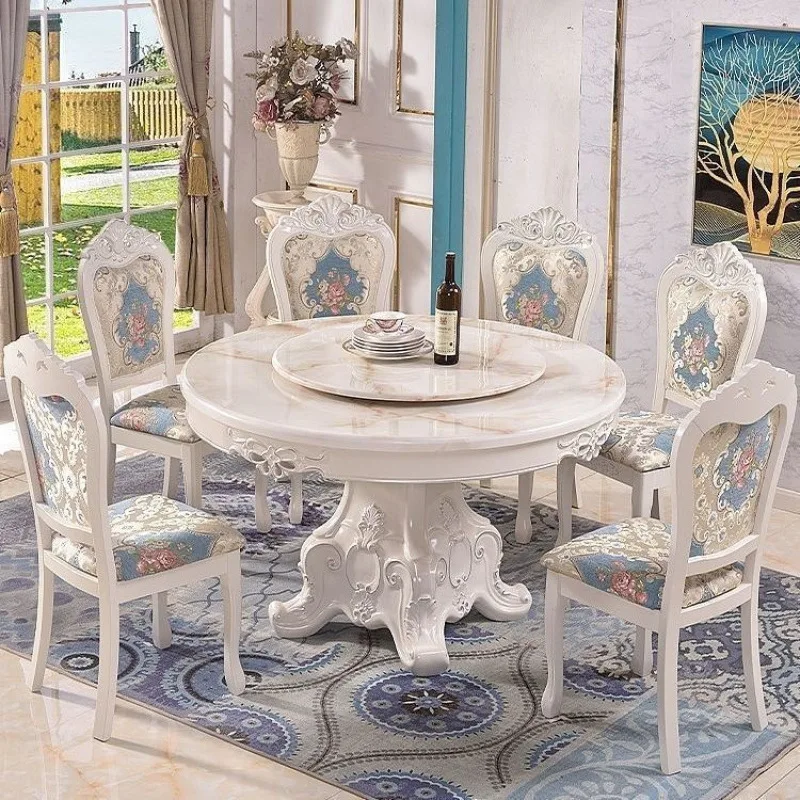 

European dining table marble round table and chair set French small apartment round table with turntab