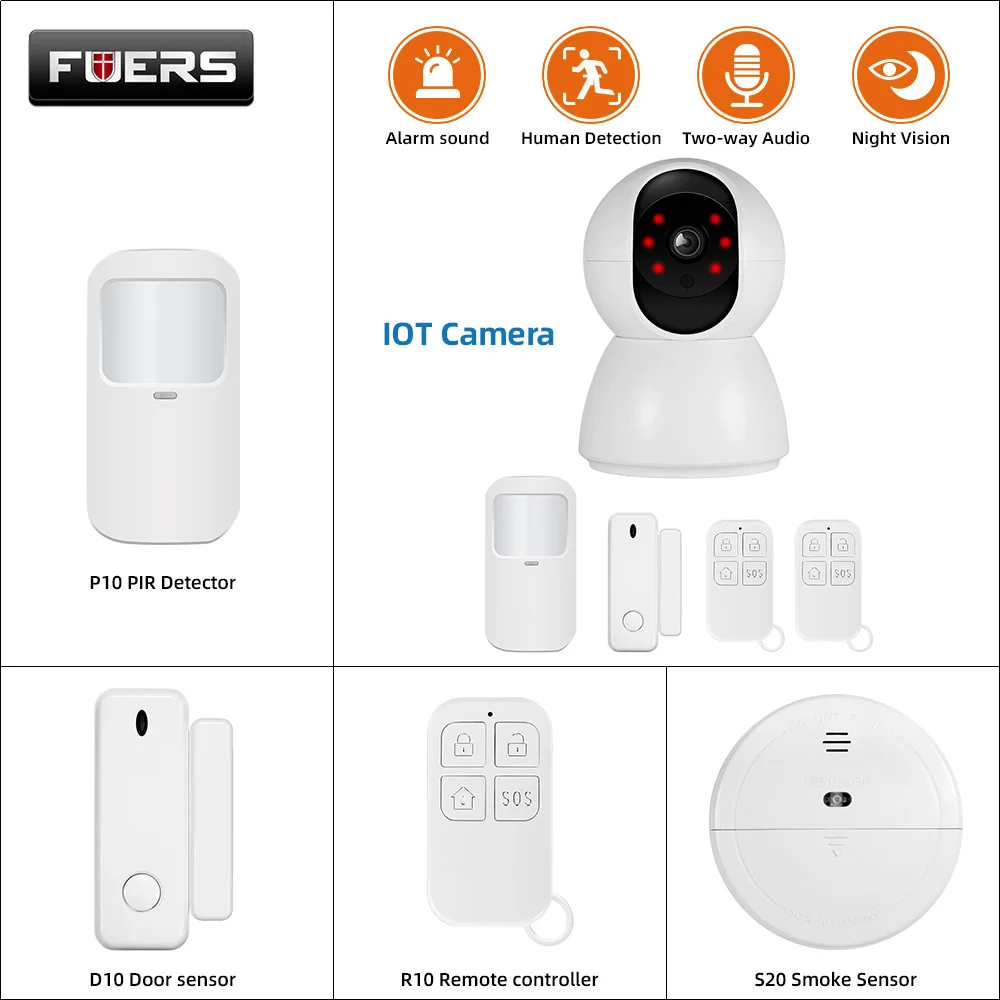 FUERS 2 в 1, Wi-Fi сигнализация, IP-камера, сделай сам, беспроводная система безопасности для умного дома, приложение, оповещение, датчик двери, окна, детектор движения