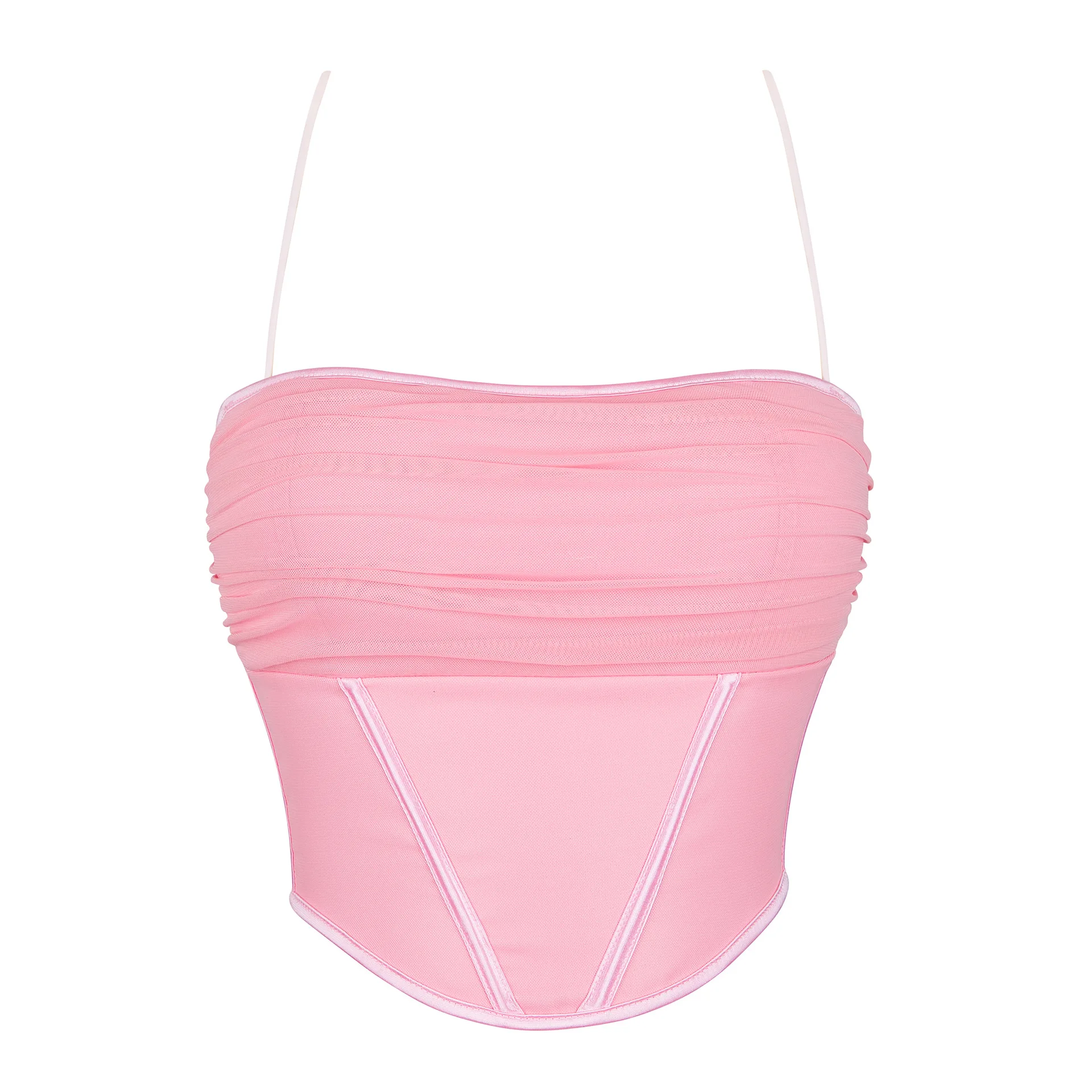 Fashion Fold Corset Pink Breathable Mesh Bustier Top Halter Corsets Crop Tops for Women Sexy Shapewear Lingerie Plus Size