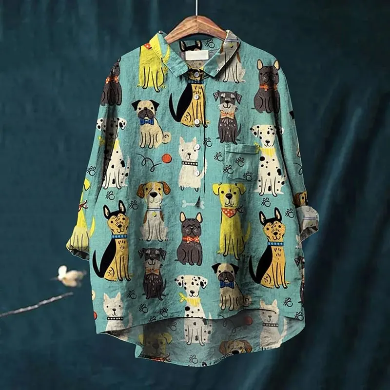 Vintage Cute Dog Scrawled Puppy Art Print Casual And Linen Shirt 3D Printed Casual Lapel Blouse