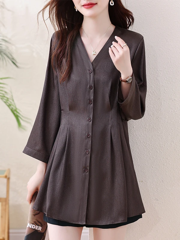 

Summer 2026 plus Size Loose Fit Shirt V-Neck Conceal Meat Slimming Fashion Simple Style Women's Casual Long Sleeve Button up Top