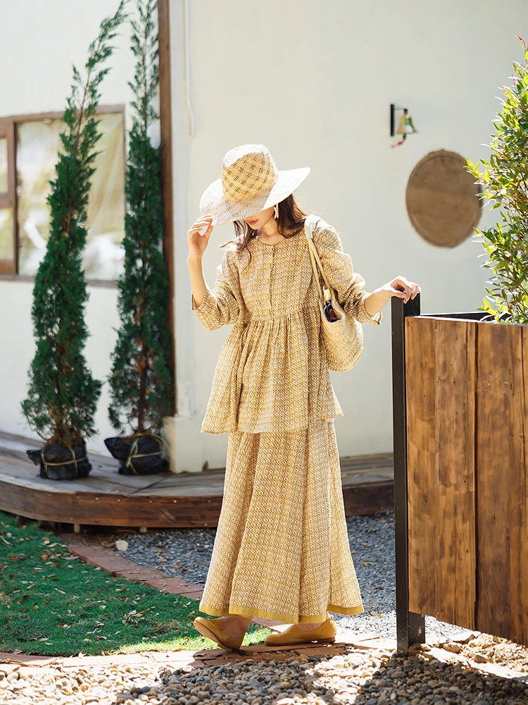 

Flax Print round Neck Half Open Long Sleeve Women's Shirt New Style Large Swing Color Block Skirt Casual Loose Fit Breat...