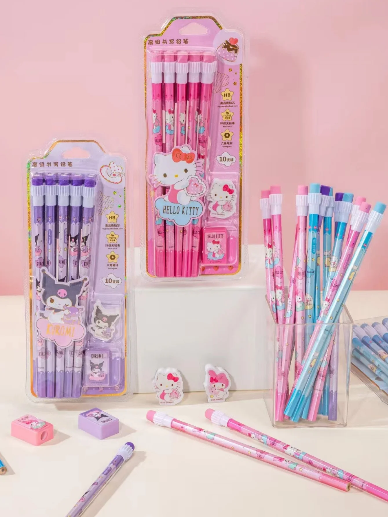 12 Stück/Set Cartoon Hello Kitty Melody Kuromi Cinnamoroll HB Bleistift Anspitzer-Set zum Zeichnen und Skizzieren – Detail 10