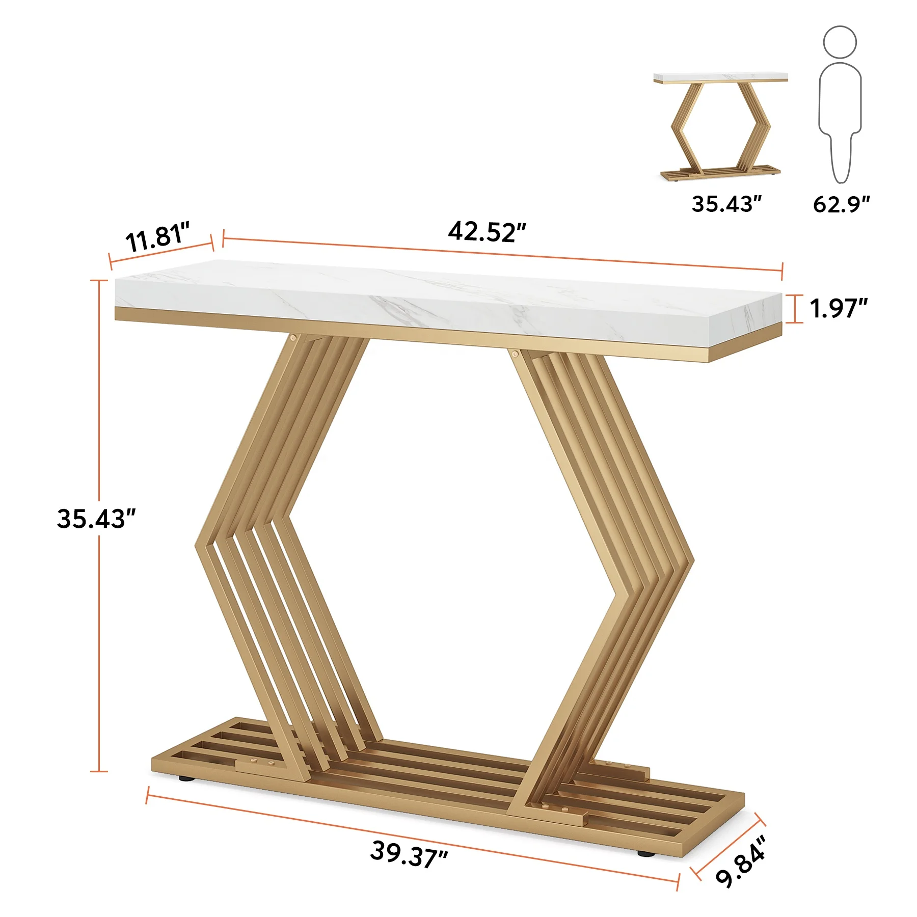 42 inches Modern Gold Console Table with Geometric Metal Base White Faux Marble Top Entryway Foyer Table Home Decor