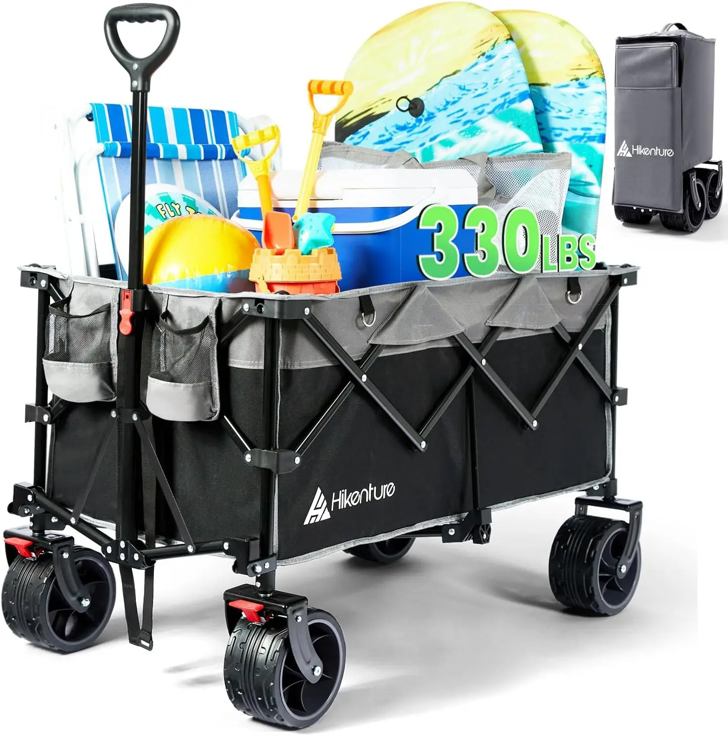 

Collapsible Wagon Cart, 330lbs Capacity Beach Wagon with Big Wheels for Sand, Heavy Duty Foldable Wagon with Brakes, Portable