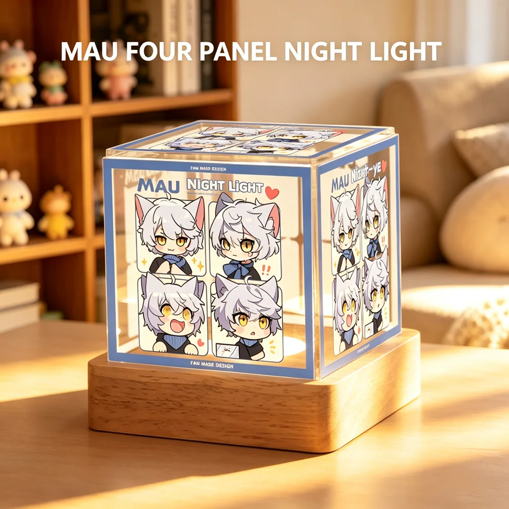 Lámpara LED de Cubo Acrílico Mou Chat-ye con Base de Madera, Luz Nocturna Única, Decoración de Escritorio con Ambiente Anime, Lámpara de Mesa para Colección de Fans