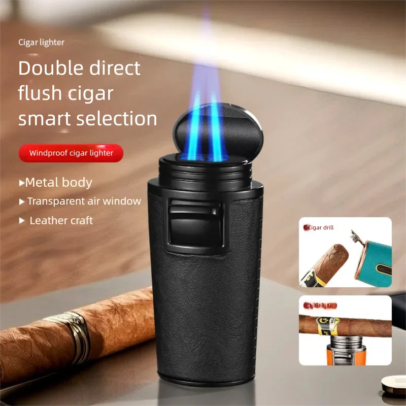 Creative men's blue flame windproof high firepower point cigar new leather grain metal straight jet lighter