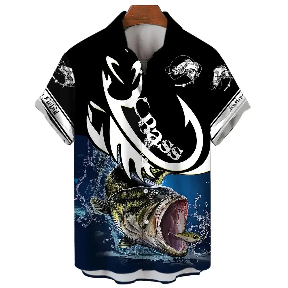 Camisa havaiana masculina estampada para pesca 3D, manga curta casual, camisas grandes e soltas, tops de rua diários, roupas unissex, verão