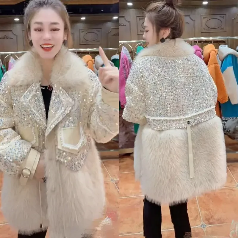 High-End Fox Fur Faux Fur Coat Women\'s Heavy Sequin Stitching Mid-Length Fur Jacket Overcoat 2022 Winter New Plush Furry Coats