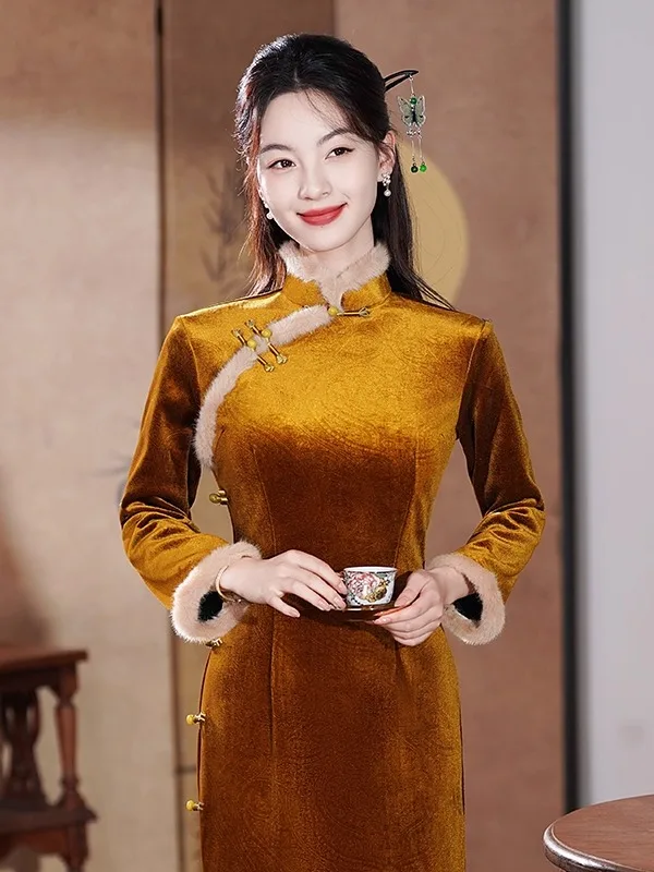 

New Arrival Beautiful Chinese Sle Thiened Fce Lined Improved Design Autumn Winter Warm Dr Daily Wear