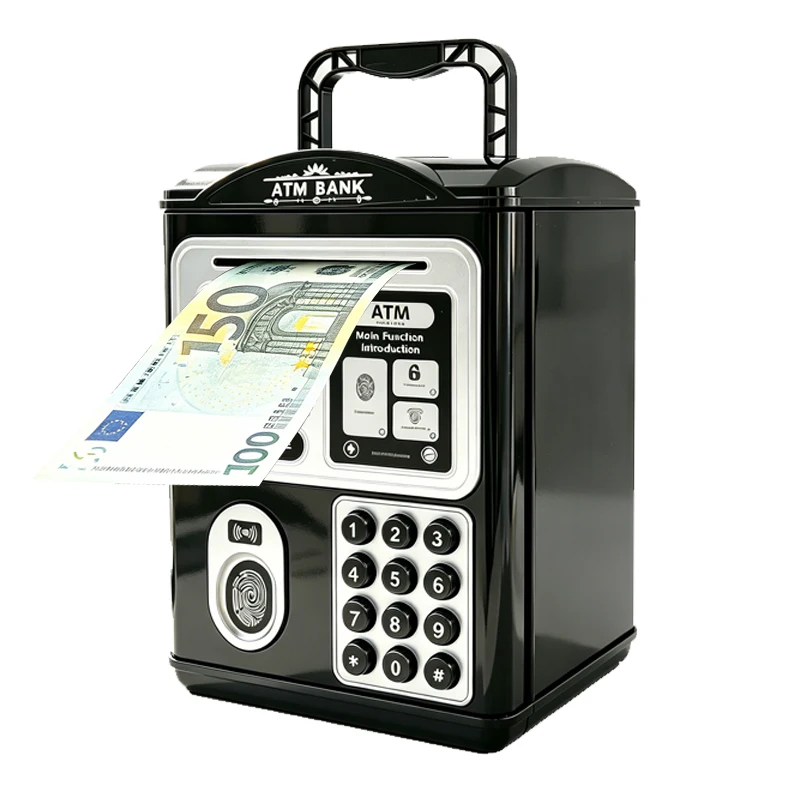 Electronic ATM Savings Bank with Password Lock, Auto-Rolling Bill Entry Dual Language Mode Money Safe Box for Children Teens