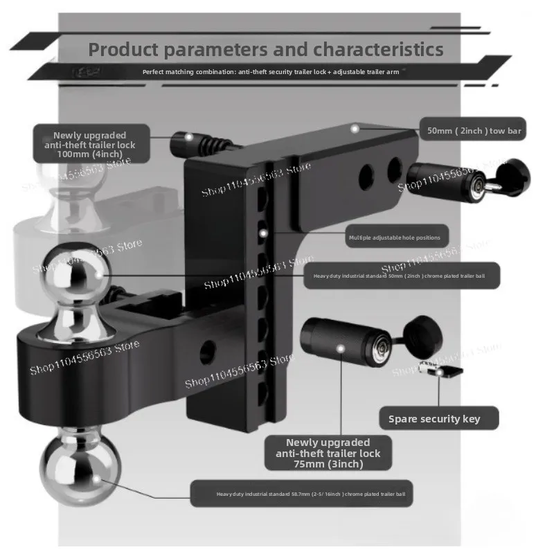 6 Inch Adjustable Double-ended Aluminum Trailer Arm, Strong Tensile Strength With Latch Lock for Towing