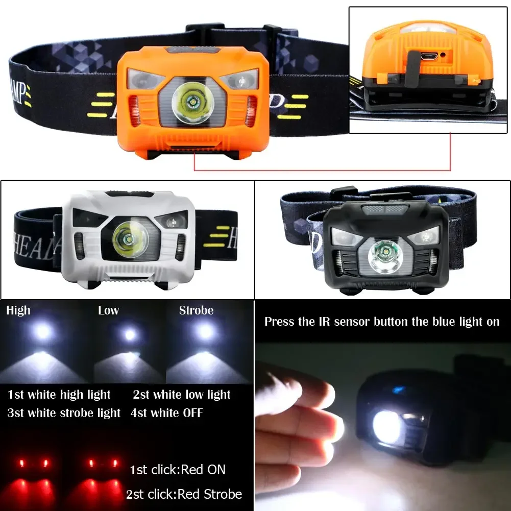 3000Lumen LED IR Sensor Headlamp USB Rechargeable Camping Headlight For Sailing Caving Hunting 6 Modes Super Bright