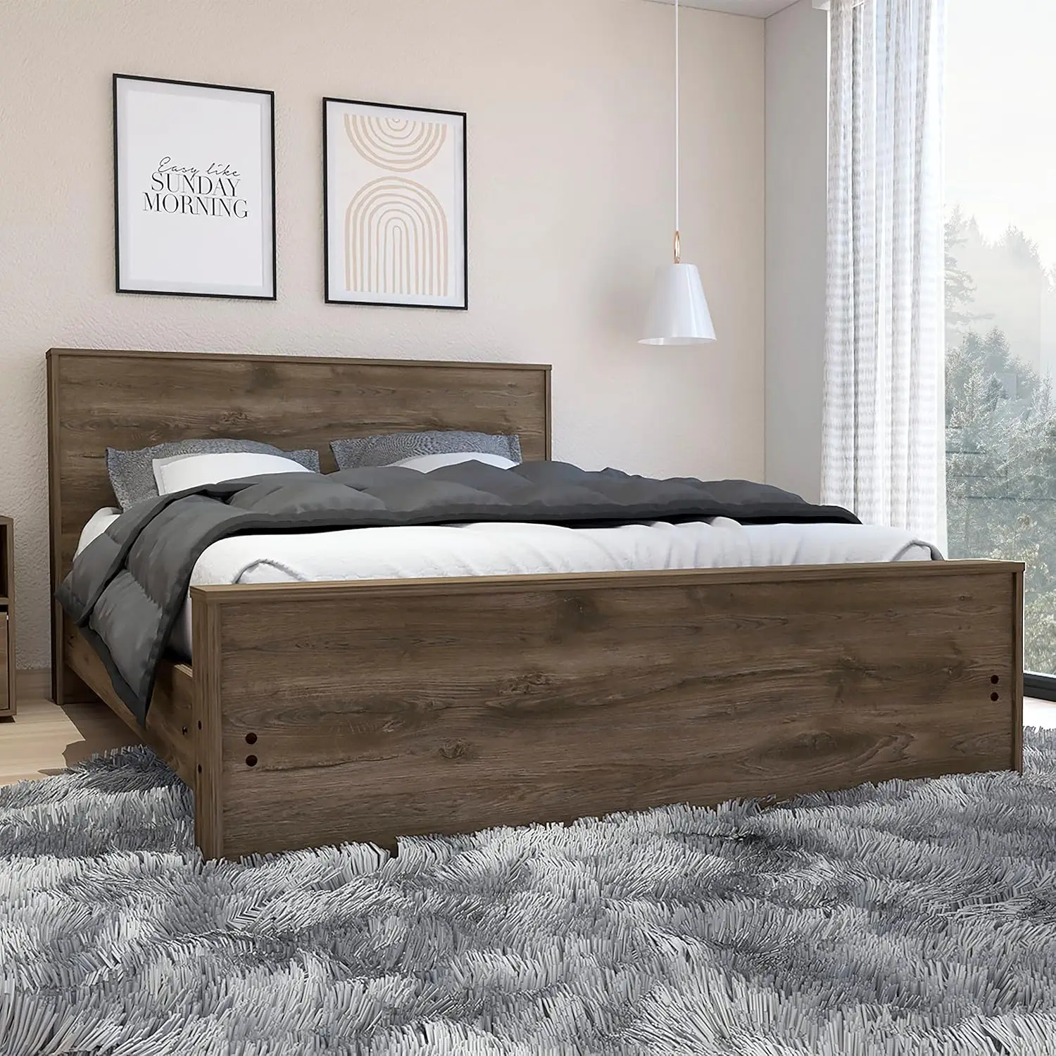 Full Size Bed Base With Headboard, Easy Assembly, Modern And Classic Design, Dark Brown