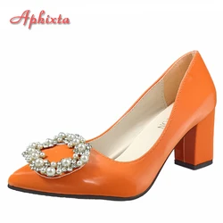 Aphixta New Orange Luxury Pearl Buckle Women's Pumps 7cm Square Heel PU Leather Officile Pointed Toe Shoes Super Big Size 49 50