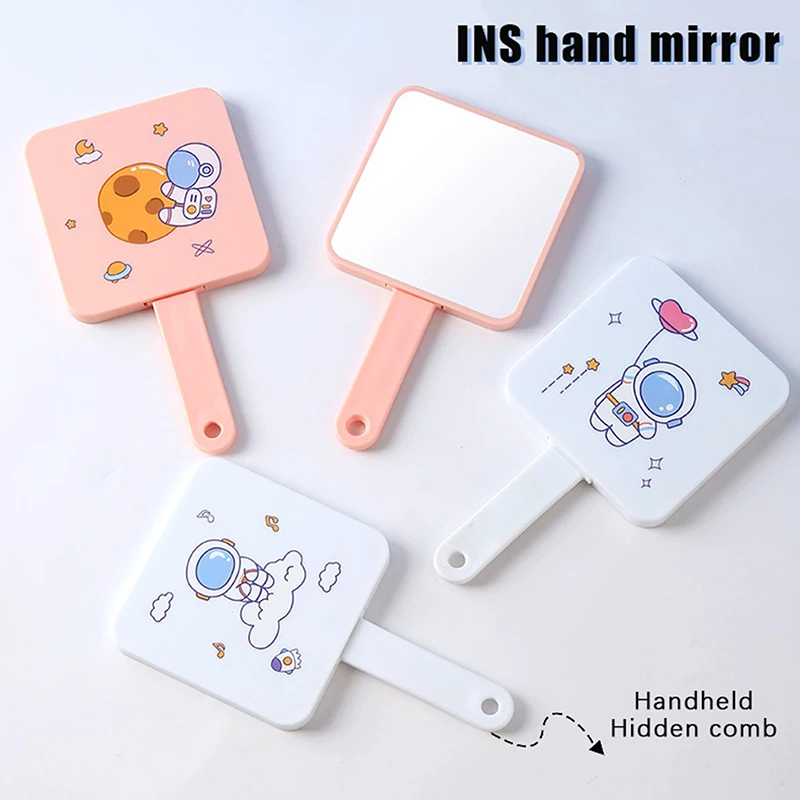 1Pcs Portable Makeup Mirror With Pull-out Type Comb For Girl Gift Makeup Tools Travel Cute Cartoon Astronaut  ﻿