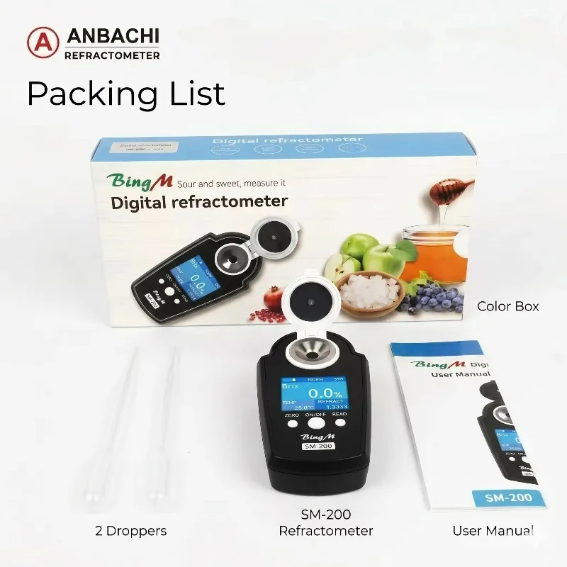 SM-200 Digital Refractometer 0-58% Brix Meter Sugar Tester 0.2% Accuracy ATC TFT Color Screen for Fruit Juice Honey