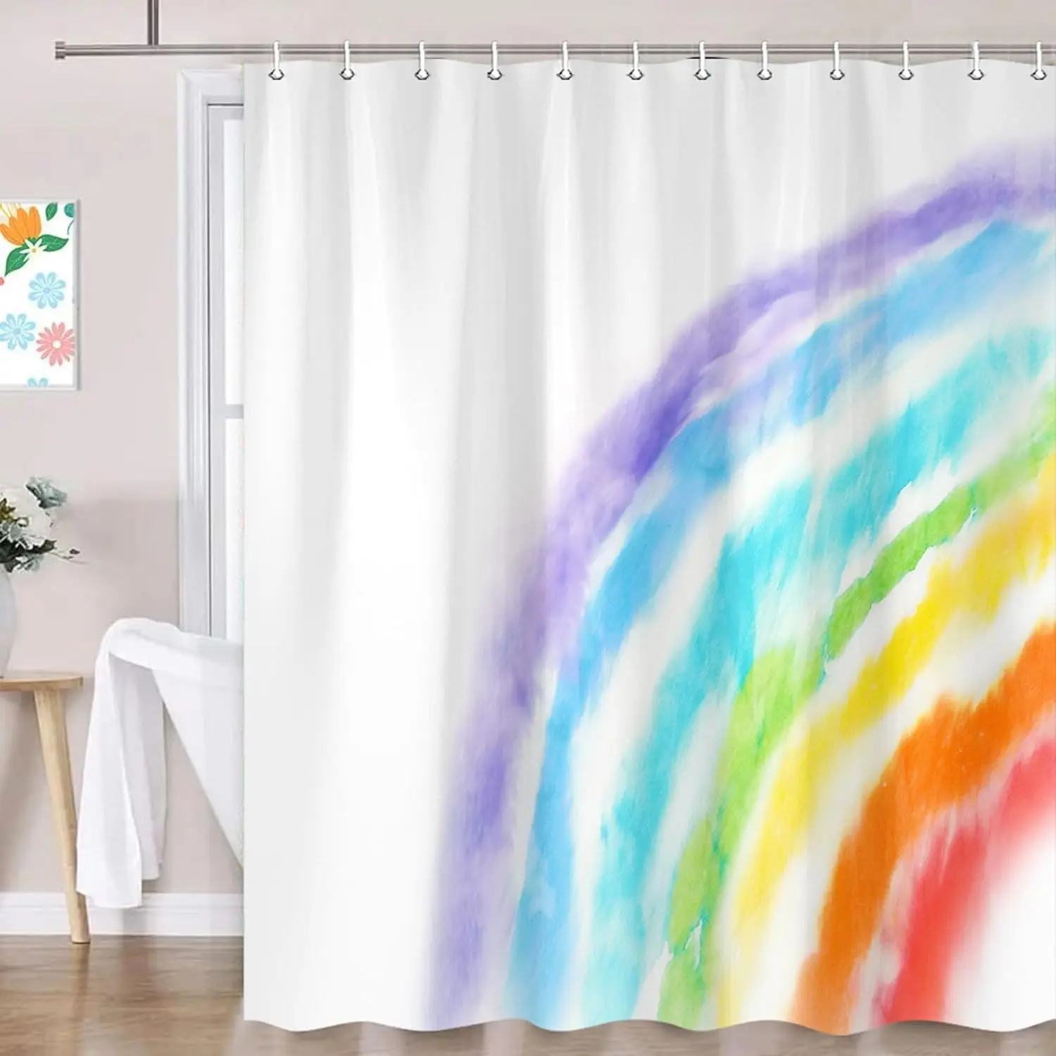 

Красочная акварельная занавеска для душа с радужным рисунком – абстрактный дизайн в стиле бохо, милый декор для детской ванной комнаты, 12 крючков, 71x71 дюймов