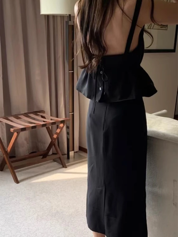 

Summer New High Waist Knot Hem Vest Women's Faion Set Polyester Fiber round Neline Two-Piece Set Slimming Skirt