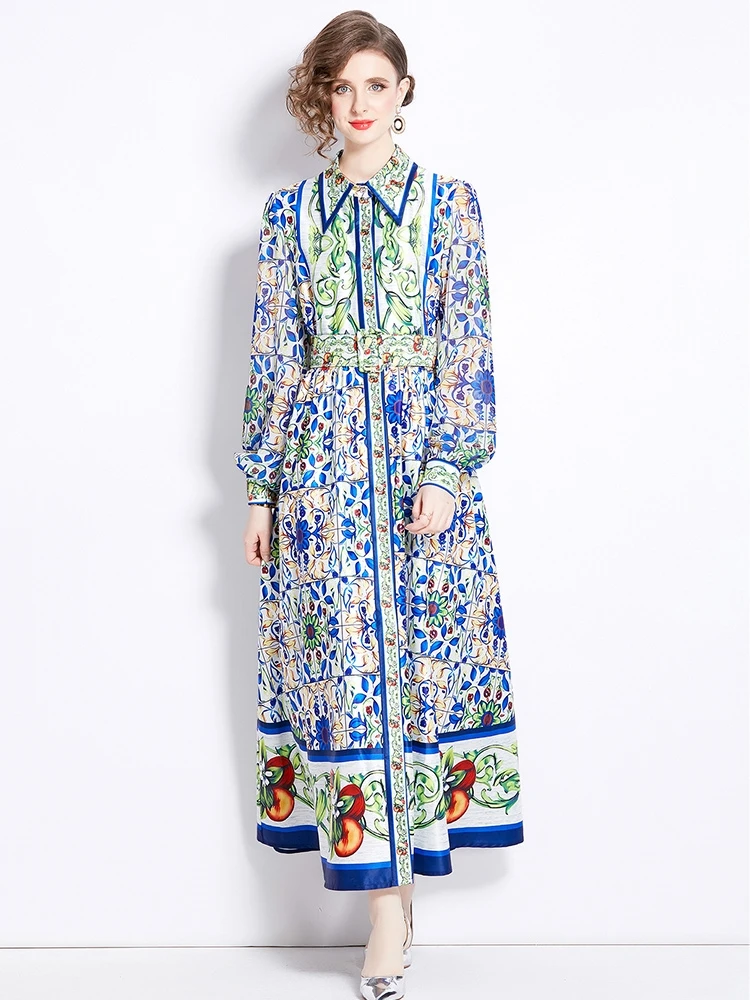 Spring Summer Runway Lantern Sleeve Single-Breasted Loose A-Line Dress Women Blue And White Porcelain Print Belt Party Robe Ves