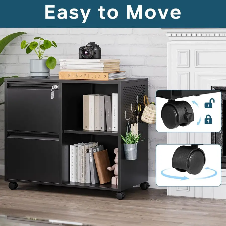 2 Drawer File Cabinet on Wheels, Metal Filing Cabinets with Shelf, Home Office Mobile File Cabinet with Lock, Printer Stand Stor