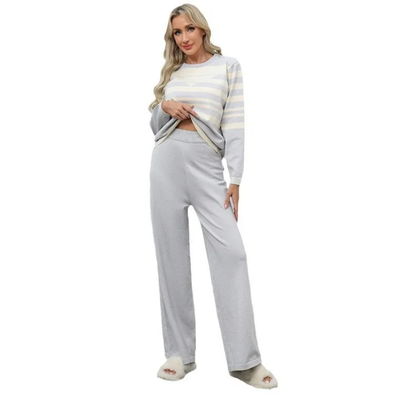 Women Two Piece Pant Sets Knit Striped Sweater Full Sleeve Round Neck Wide Leg Pants Elastic Waist Casual autumn winter 2024