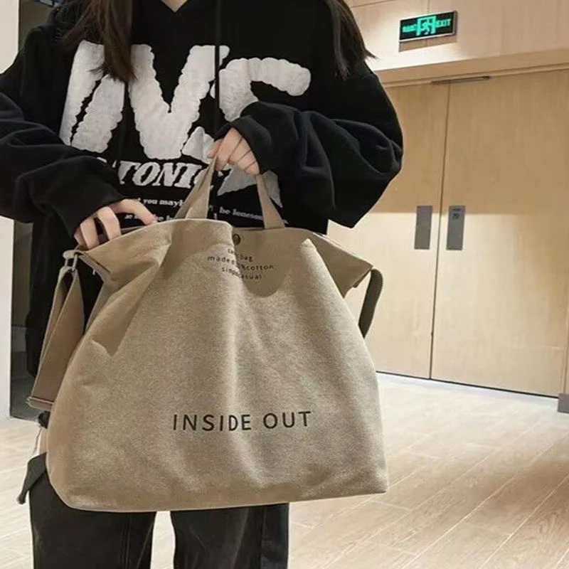 1Pcs Beige Canvas Tote Bag Adjustable Strap Large Capacity Shoulder Bag For School Commute Shopping Travel