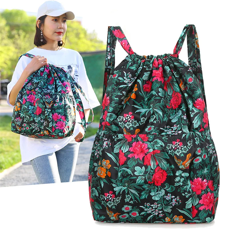 Zaino da donna zaino sportivo in tessuto tascabile con coulisse borsa per la spesa portatile pieghevole da donna pacchetti da viaggio all\'aperto