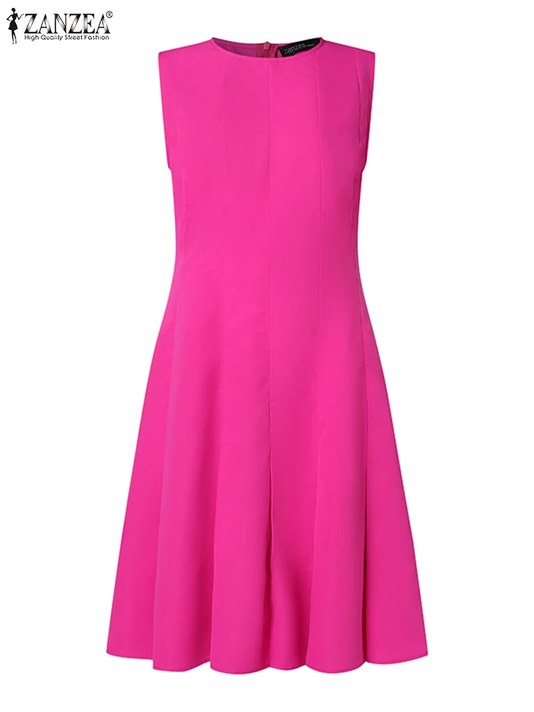 ZANZEA-vestido sin mangas con cuello redondo para mujer, elegante vestido de verano plisado de corte en A, color liso, A la moda