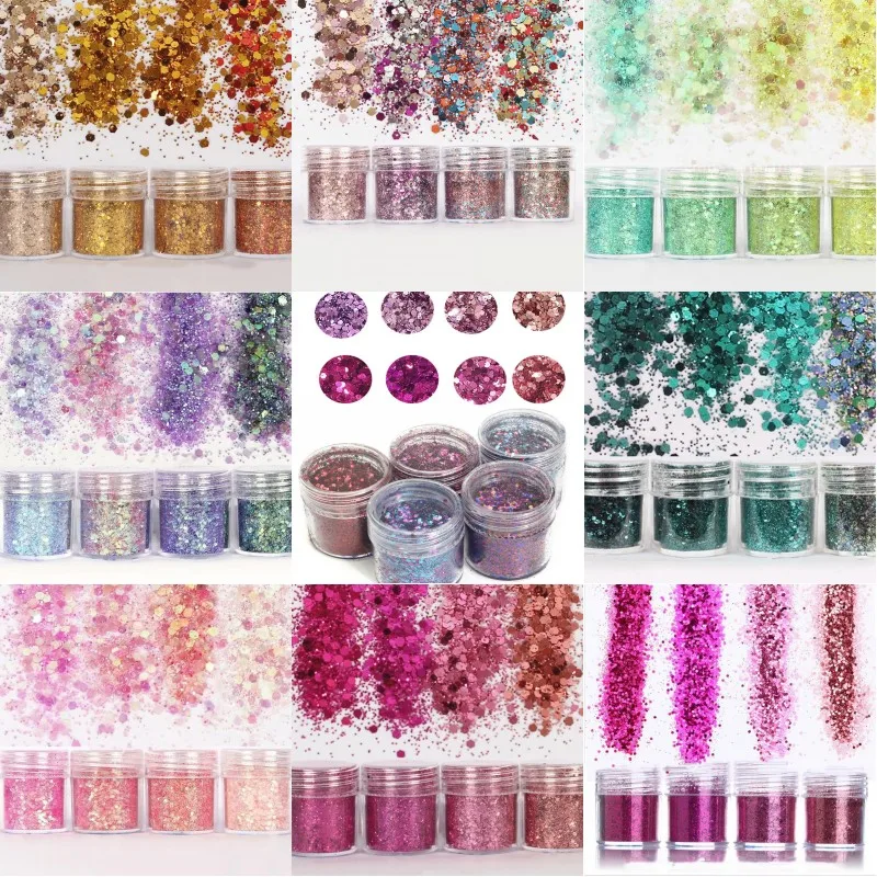 4 doniczki/partia Mix rozmiar Nail Art brokat w proszku sześciokątne cekiny polski masywny brokat do paznokci Manicure zdobienie paznokci dekoracje 10 g/pudło