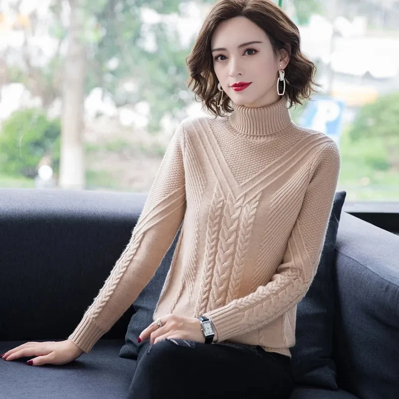 

2023 Autumn Winter New Turtle Neck Women's Outside Wear Short Warm Korean Slim Twist Pullover Knitted Bottoming Shirt