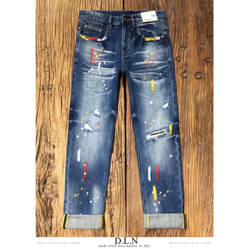 Men's 2026 New Vintage Washed Denim Pants with Paint Pattern and Ripped Patches, Stretch Slim Fit Versatile for Casual Daily Use