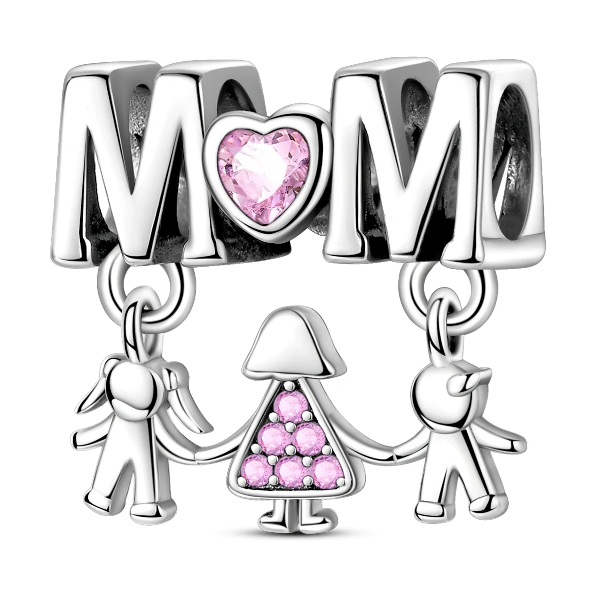 

925 Sterling Silver MOM Family Charms Pink CZ Mother Kids Hand in Hand Dangle Beads Fit Bracelet Necklace Women DIY Jewelry Gift