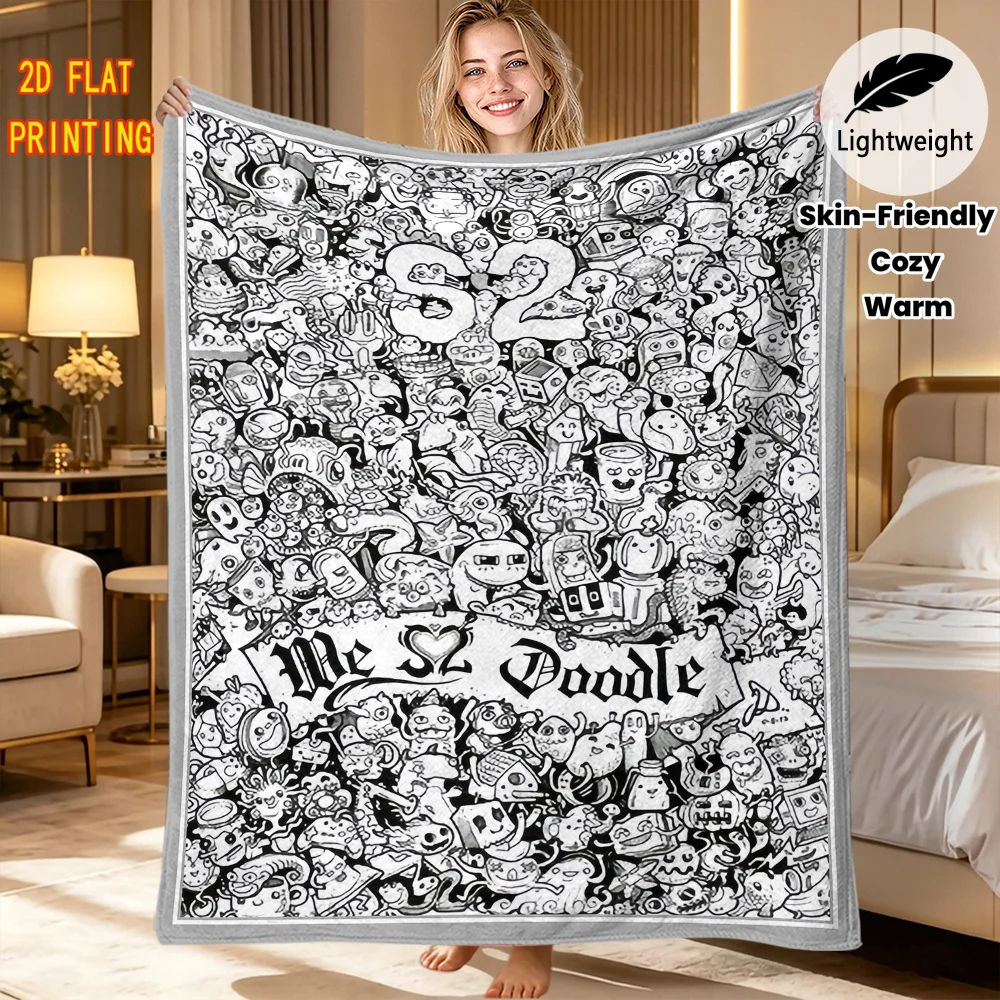 Soft Cozy Flannel Blanket Full Print Doodle Sketch Cartoon Design, Lightweight DIY blanket for Couch Bedroom Holiday Present