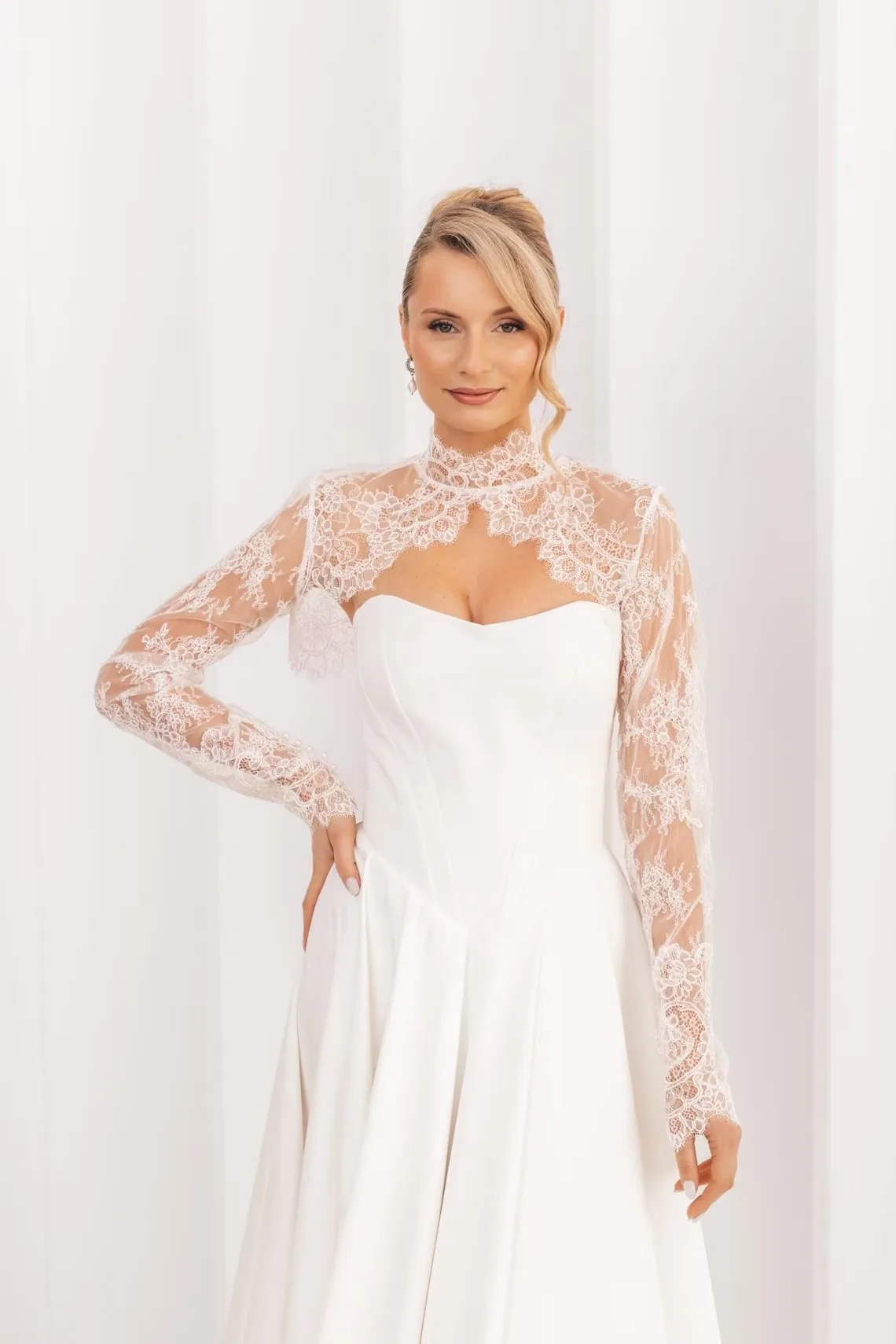 Customized Lace Wedding Boleros Full Sleeves High Neck Bride Shrug Women Special Occasion Bridal Jacket