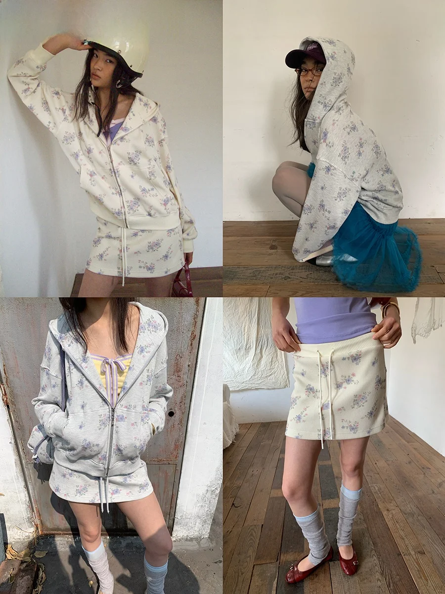 

Floral ter Ne Sweater Coat Hooded Top And Skirt Set Women's Spring Faion Polyester Cotton Long Sve Print Outfit