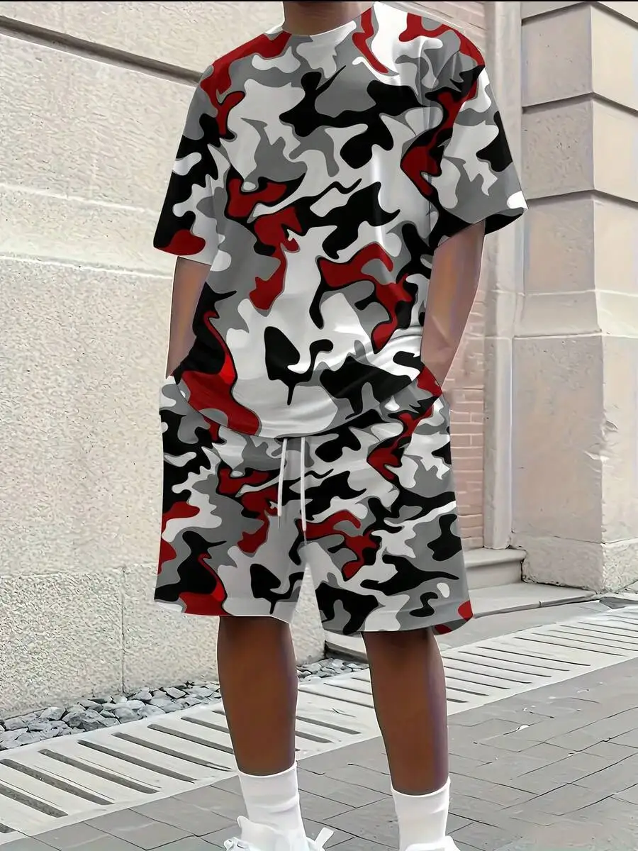 Conjunto de Camisa y Pantalones Cortos para Hombre con Estampado 3D Completo en Blanco, Negro, Rojo, Gris y Camuflaje