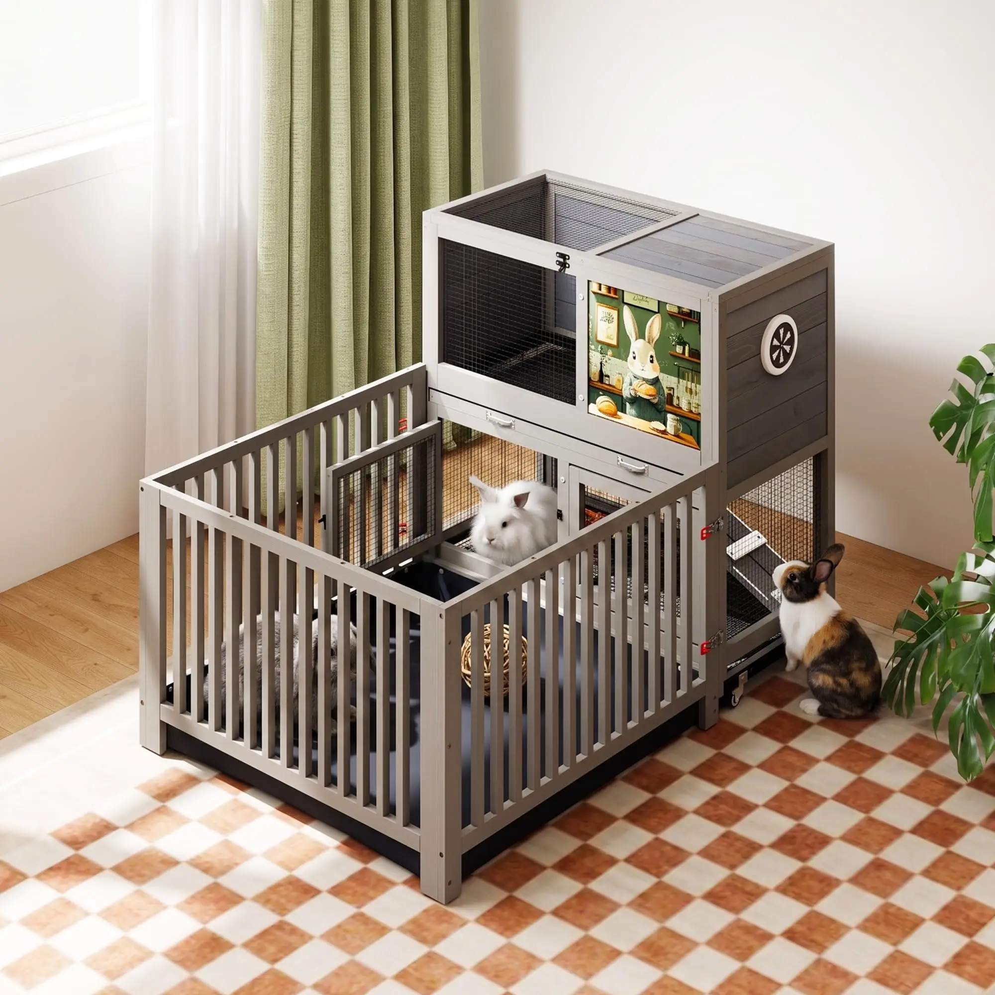 Rabbit Playpen Fence, 3-Panel Deep Gray Wooden Enclosure with Waterproof Base, Secure Lock Clips for Cage Connection